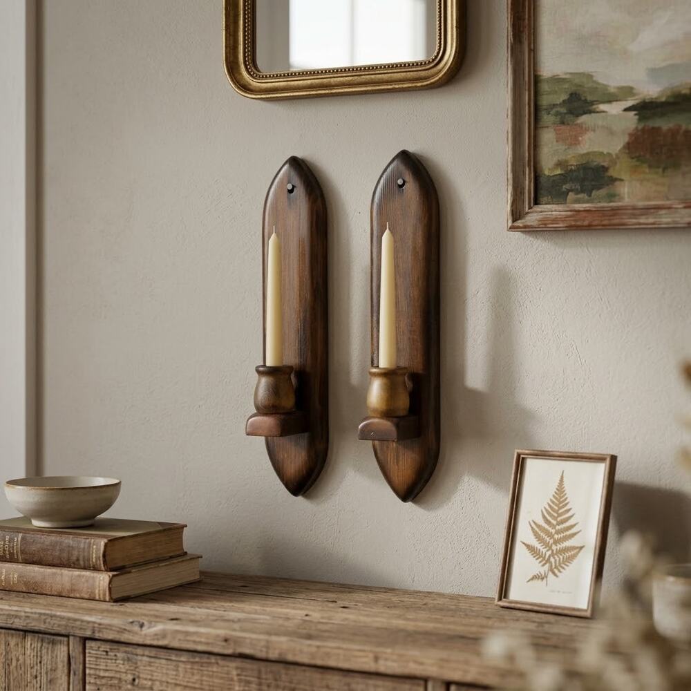 Vintage Pair Wooden Wall Candle Sconces Pointed Gothic Rustic MCM Taper Holders